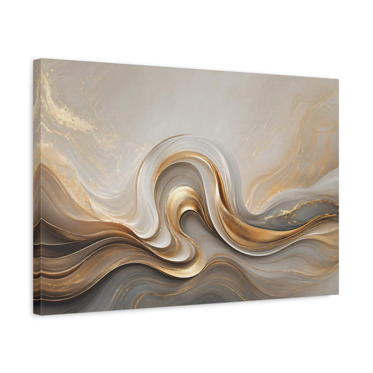 Side Mockup 3. Abstract Fluid Swirls Gold And Gray shown as stretched canvas wall art