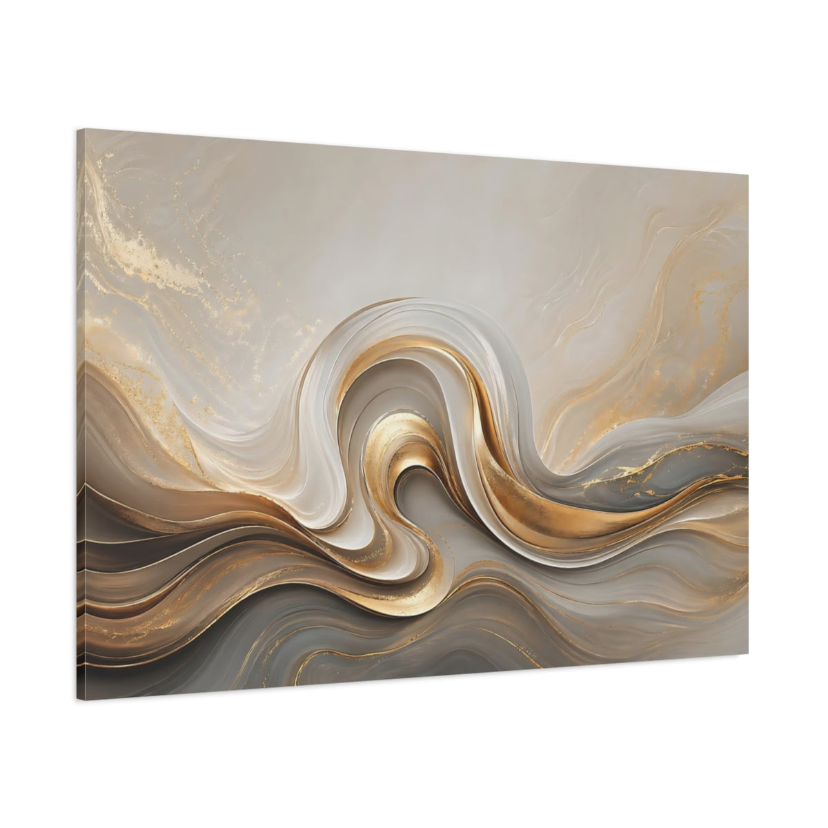 Side Mockup 1. Abstract Fluid Swirls Gold And Gray shown as stretched canvas wall art