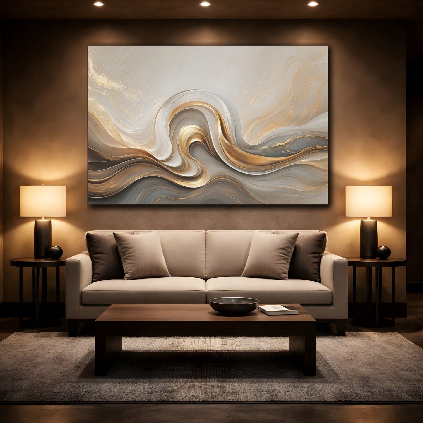 Mockup 2. Abstract Fluid Swirls Gold And Gray shown as stretched canvas wall art