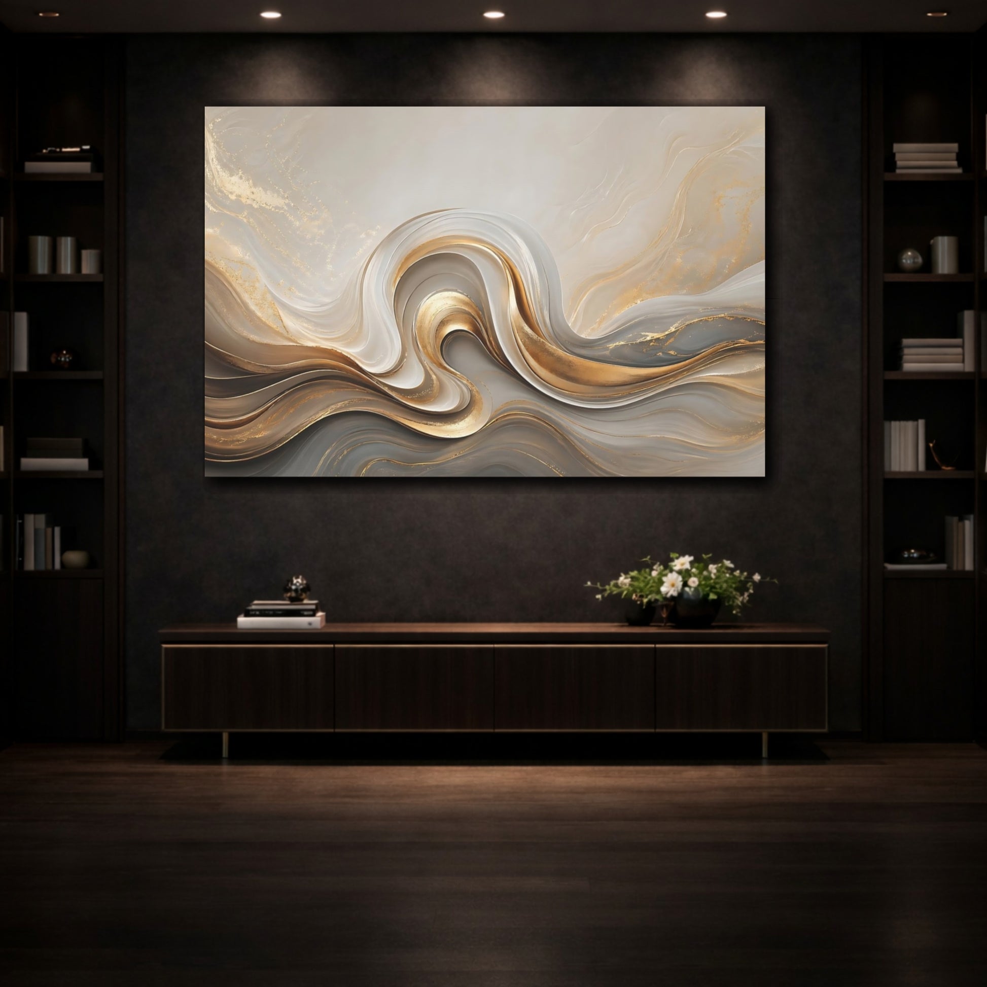 Mockup 3. Abstract Fluid Swirls Gold And Gray shown as stretched canvas wall art