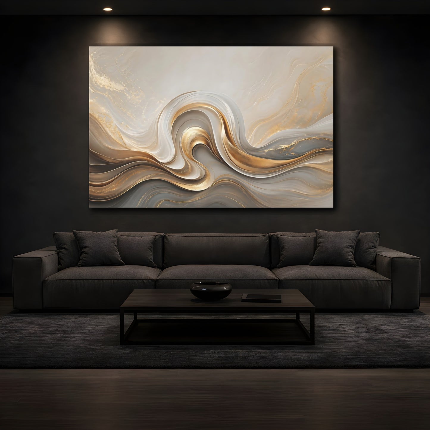 Mockup 4. Abstract Fluid Swirls Gold And Gray shown as stretched canvas wall art