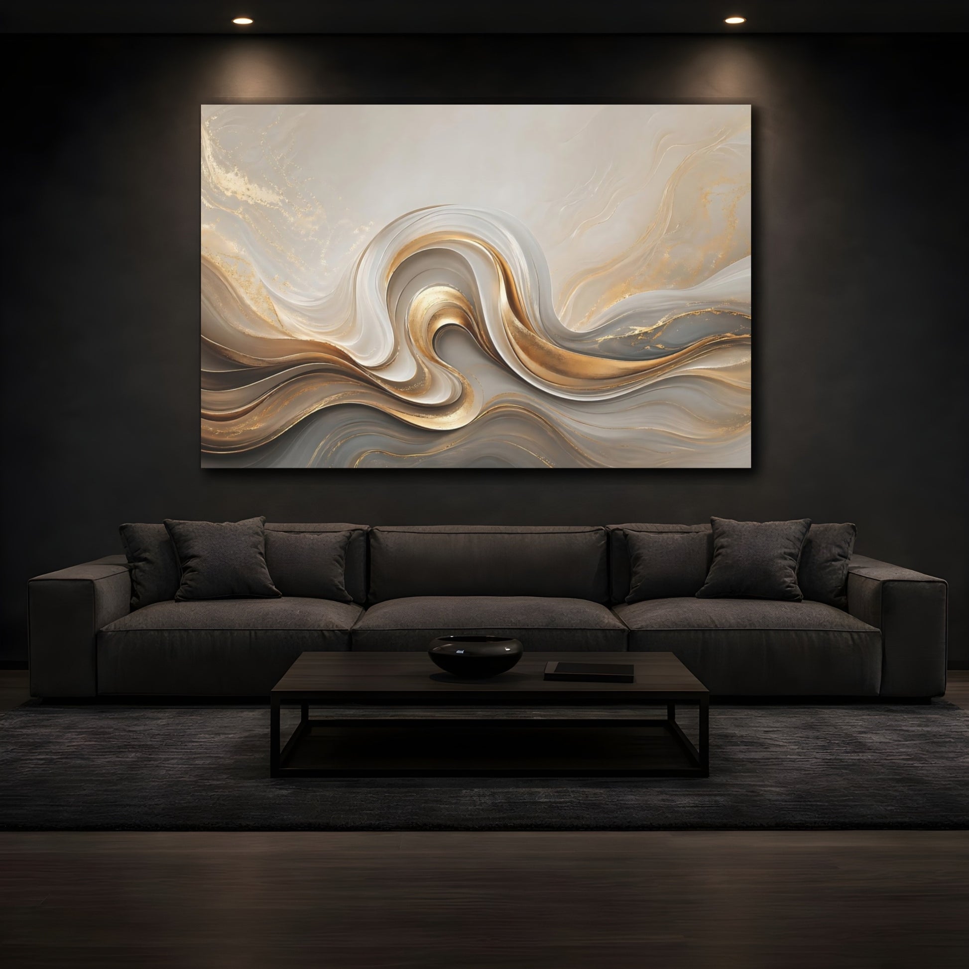 Mockup 4. Abstract Fluid Swirls Gold And Gray shown as stretched canvas wall art