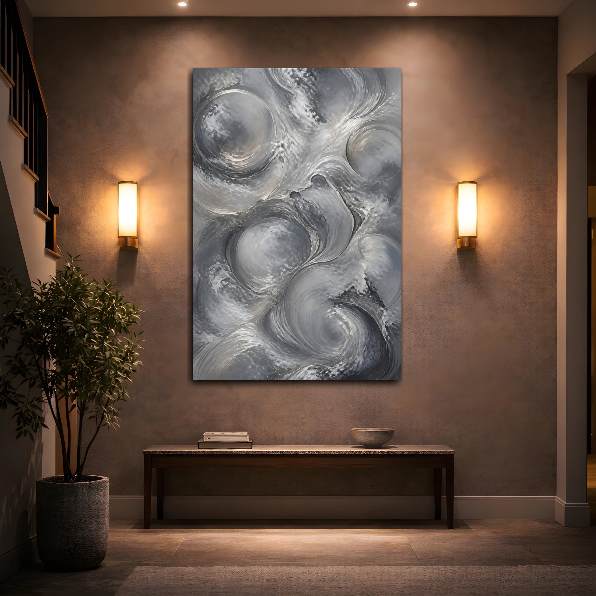 Mockup 2. Abstract Fluid Swirls Gray Abstract Swirls shown as stretched canvas wall art
