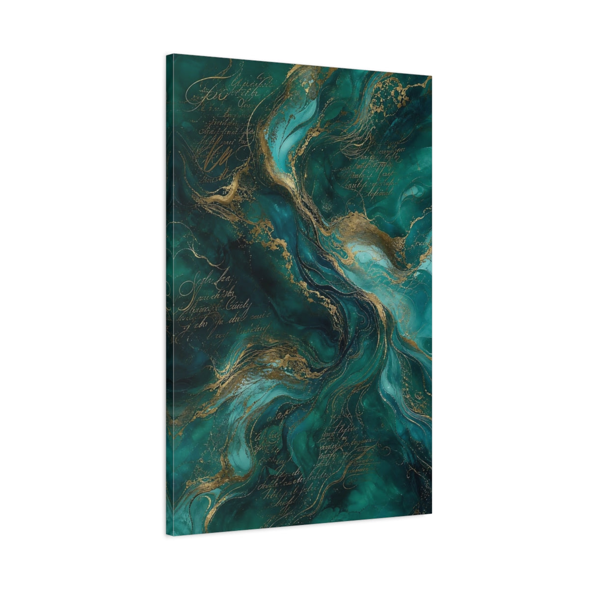 Main Mockup. Abstract Fluid Swirls Teal Gold shown as stretched canvas wall art