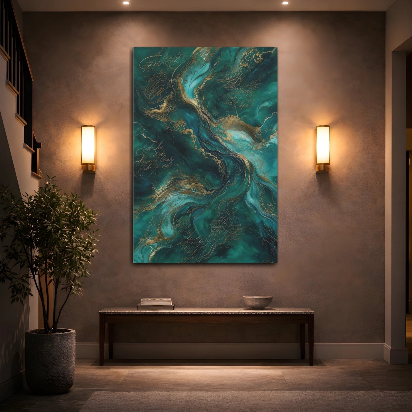 Abstract Fluid Swirls Teal Gold Canvas Print – Living Room, Above Fireplace, - YesArtYes
