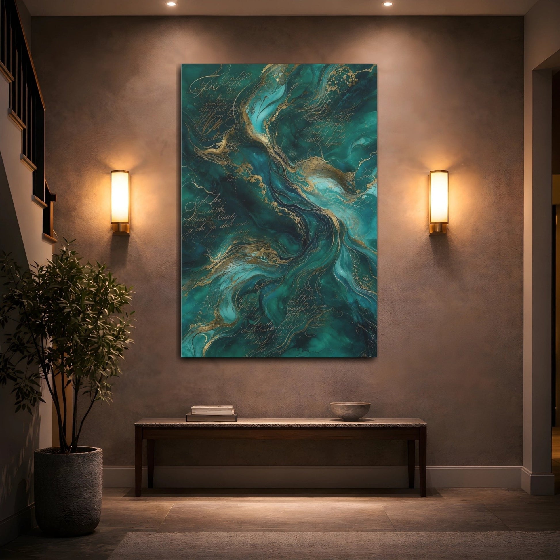 Abstract Fluid Swirls Teal Gold Canvas Print – Living Room, Above Fireplace, - YesArtYes