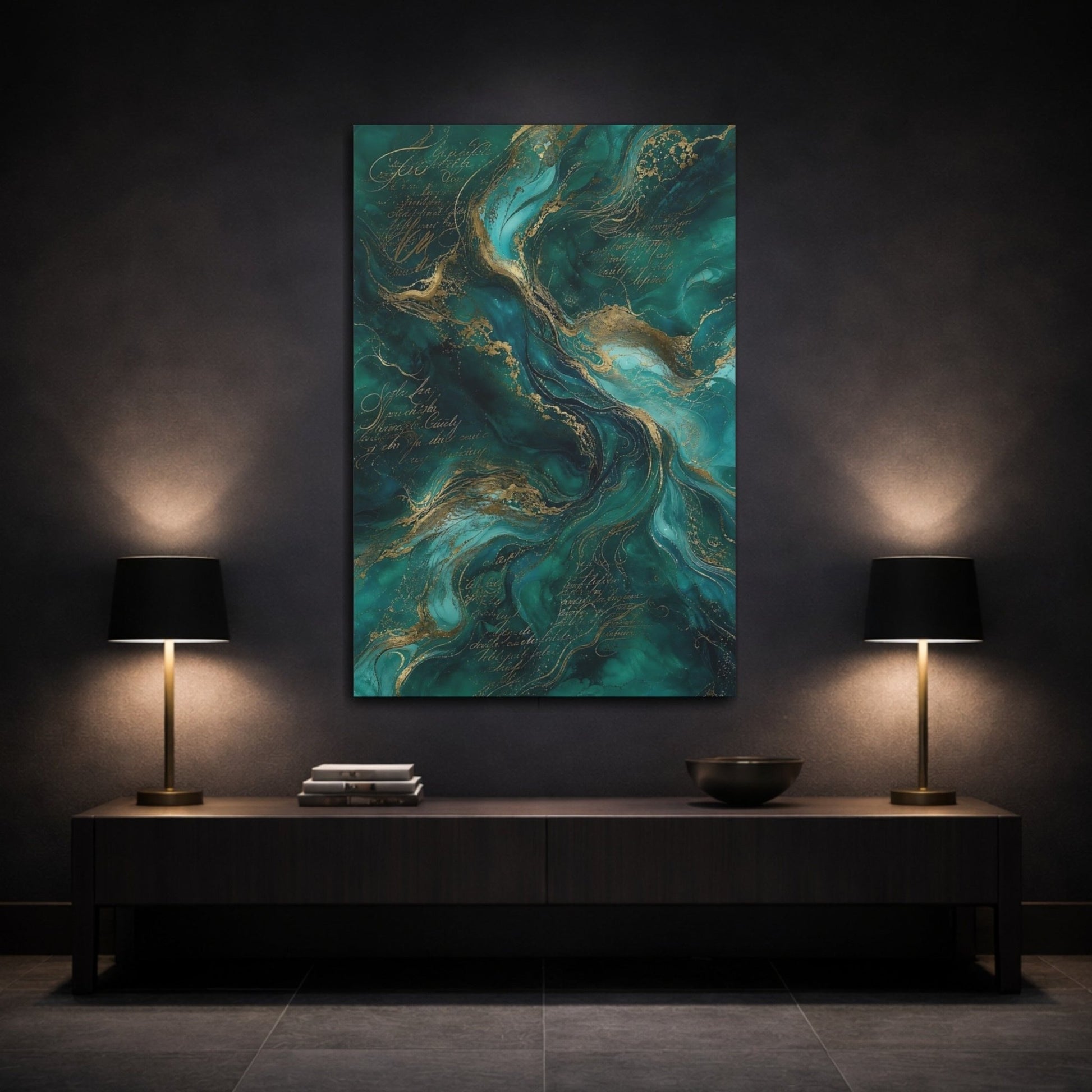 Abstract Fluid Swirls Teal Gold Canvas Print – Living Room, Above Fireplace, - YesArtYes