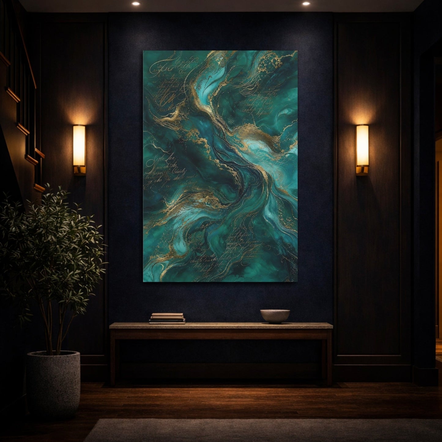 Abstract Fluid Swirls Teal Gold Canvas Print – Living Room, Above Fireplace, - YesArtYes