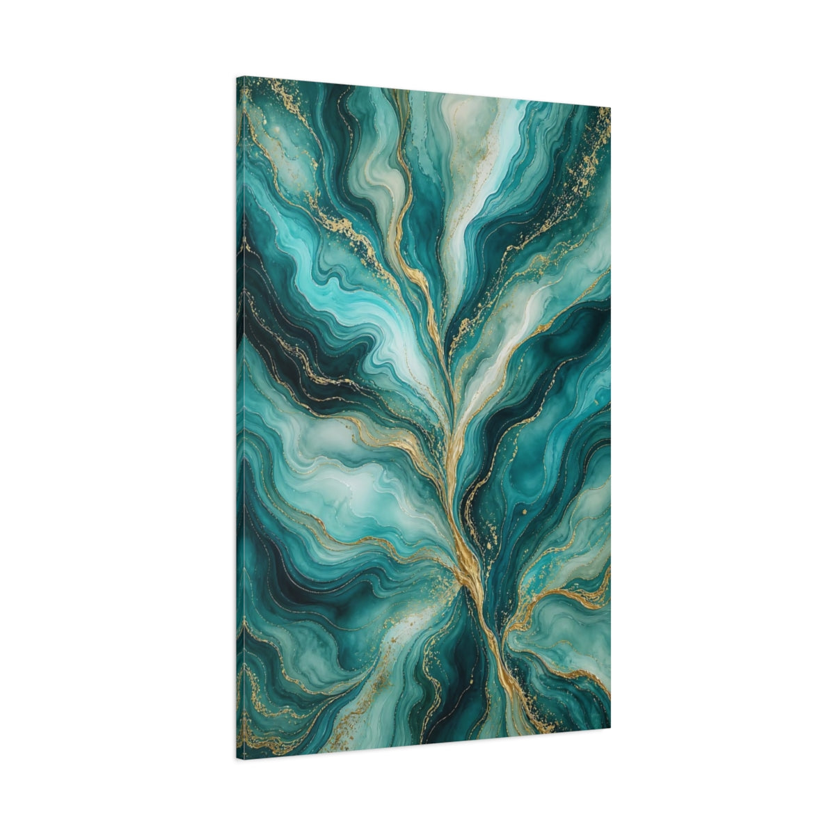 Side Mockup 1. Abstract Fluid Abstract Teal And Gold shown as stretched canvas wall art