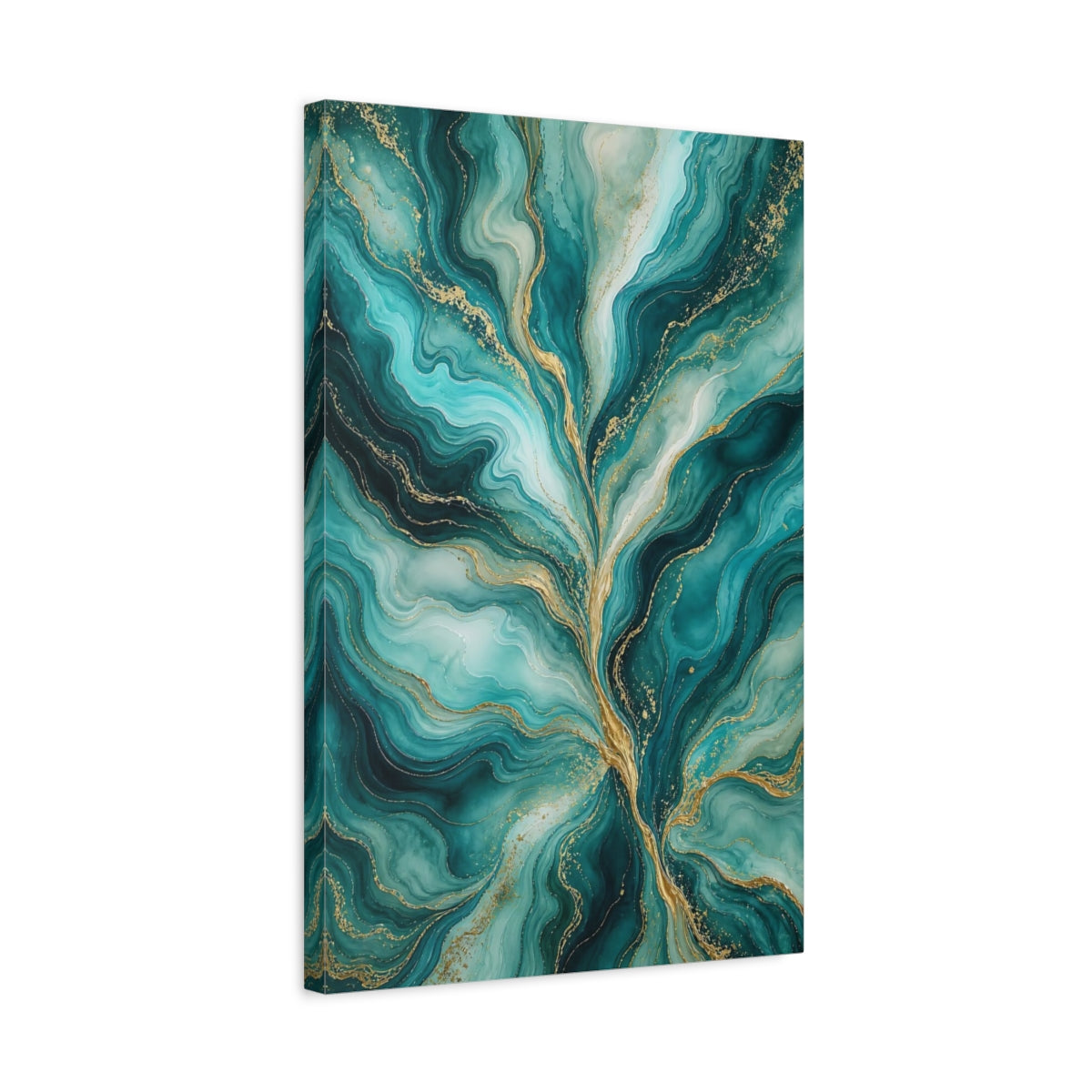 Side Mockup 3. Abstract Fluid Abstract Teal And Gold shown as stretched canvas wall art