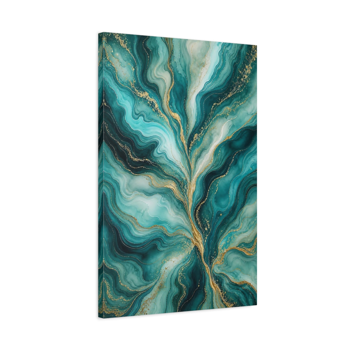 Side Mockup 2. Abstract Fluid Abstract Teal And Gold shown as stretched canvas wall art