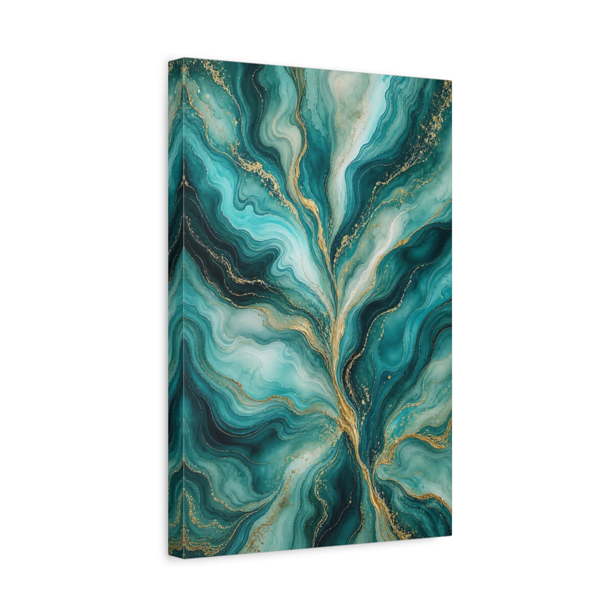 Side Mockup 4. Abstract Fluid Abstract Teal And Gold shown as stretched canvas wall art
