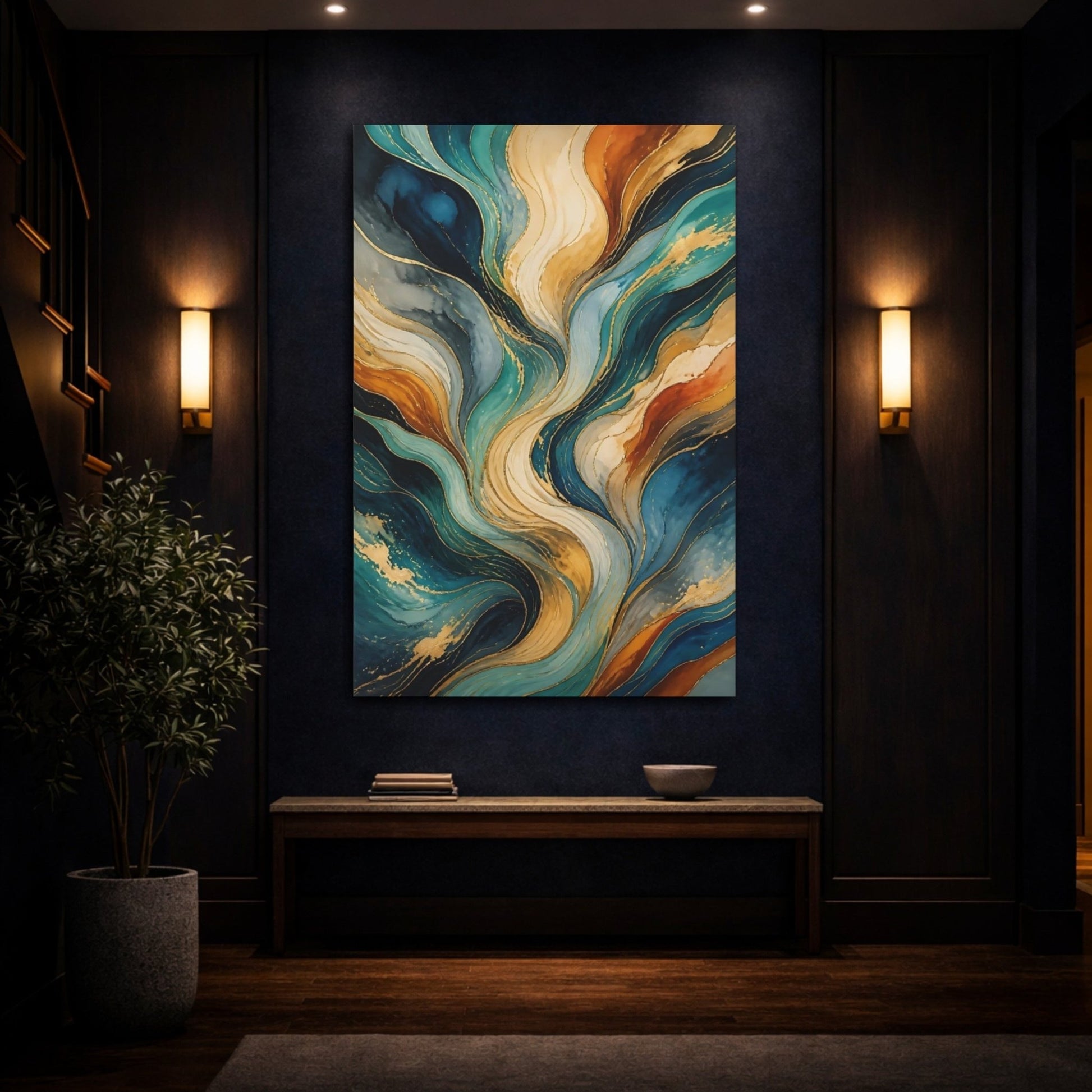 Abstract Fluid Teal Gold Canvas Print – Living Room, Above Console Table, Multicolor - YesArtYes