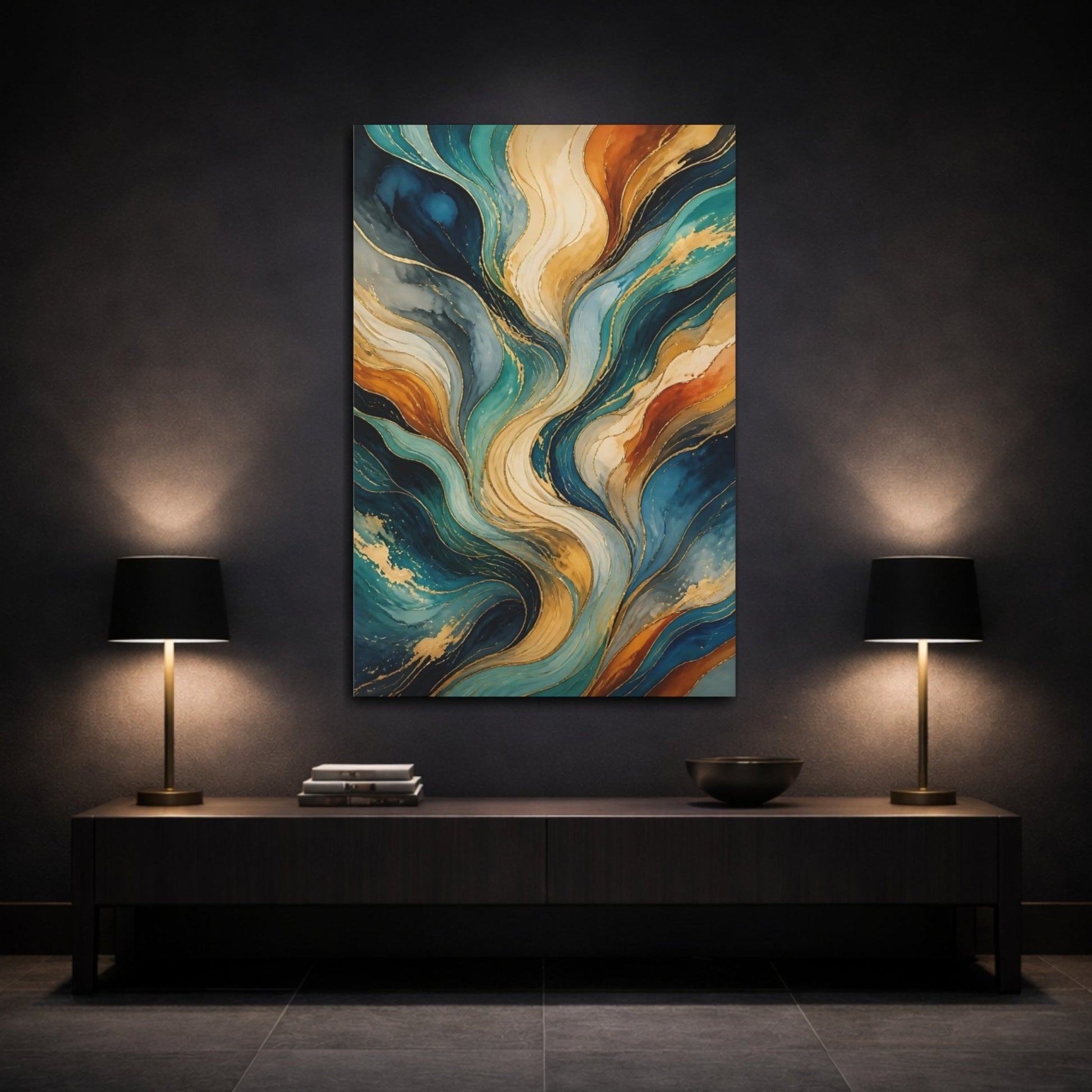 Abstract Fluid Teal Gold Canvas Print – Living Room, Above Console Table, Multicolor - YesArtYes
