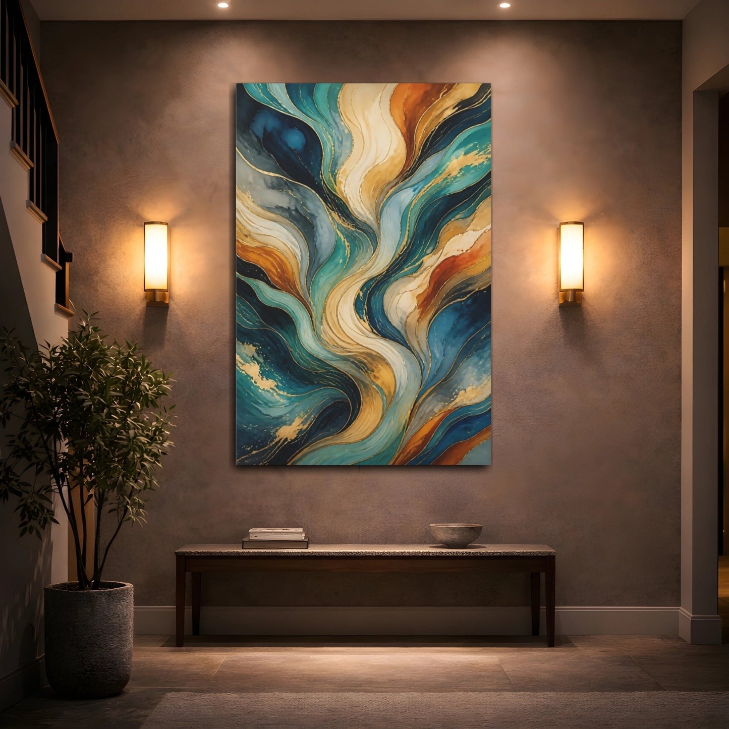 Abstract Fluid Teal Gold Canvas Print – Living Room, Above Console Table, Multicolor - YesArtYes