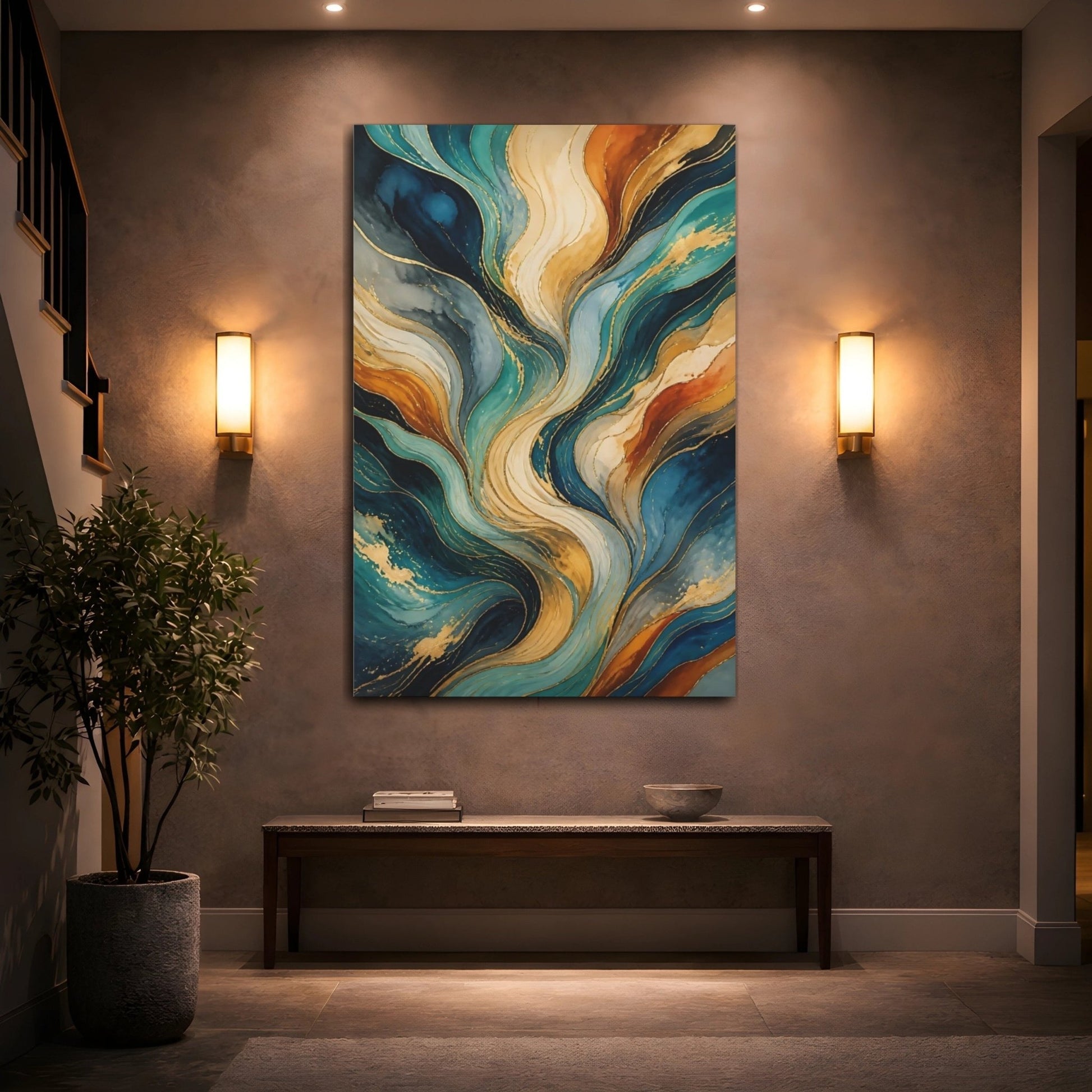 Abstract Fluid Teal Gold Canvas Print – Living Room, Above Console Table, Multicolor - YesArtYes
