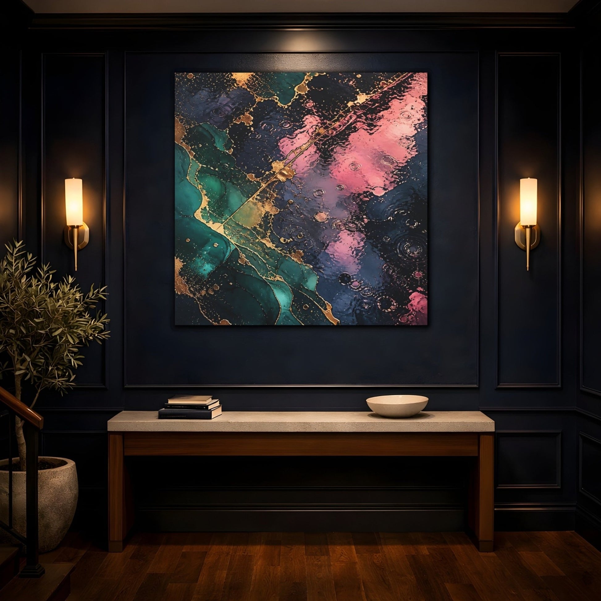 Abstract Fluid Teal Pink Gold Canvas Print – Living Room, Above Console Table - YesArtYes