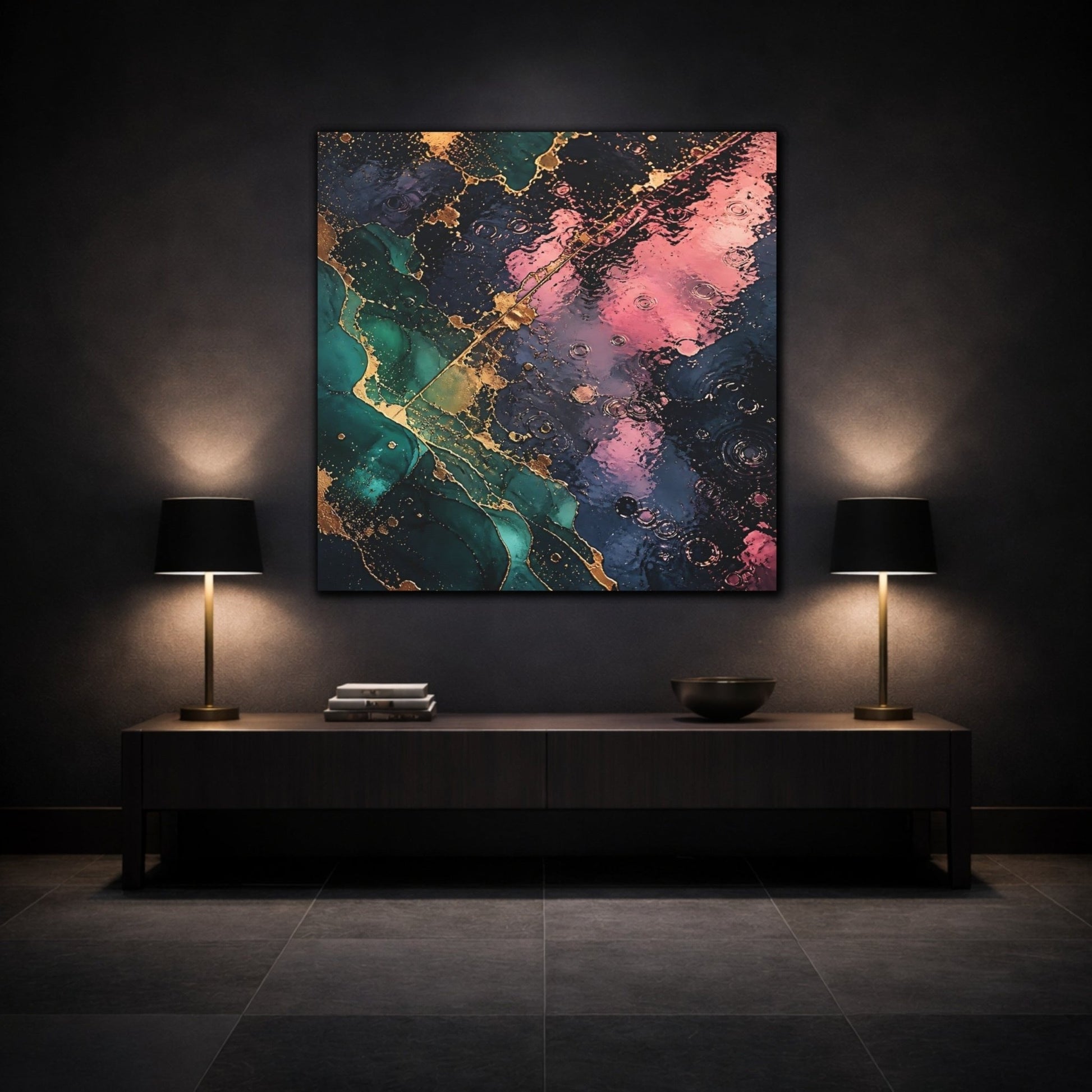 Abstract Fluid Teal Pink Gold Canvas Print – Living Room, Above Console Table - YesArtYes