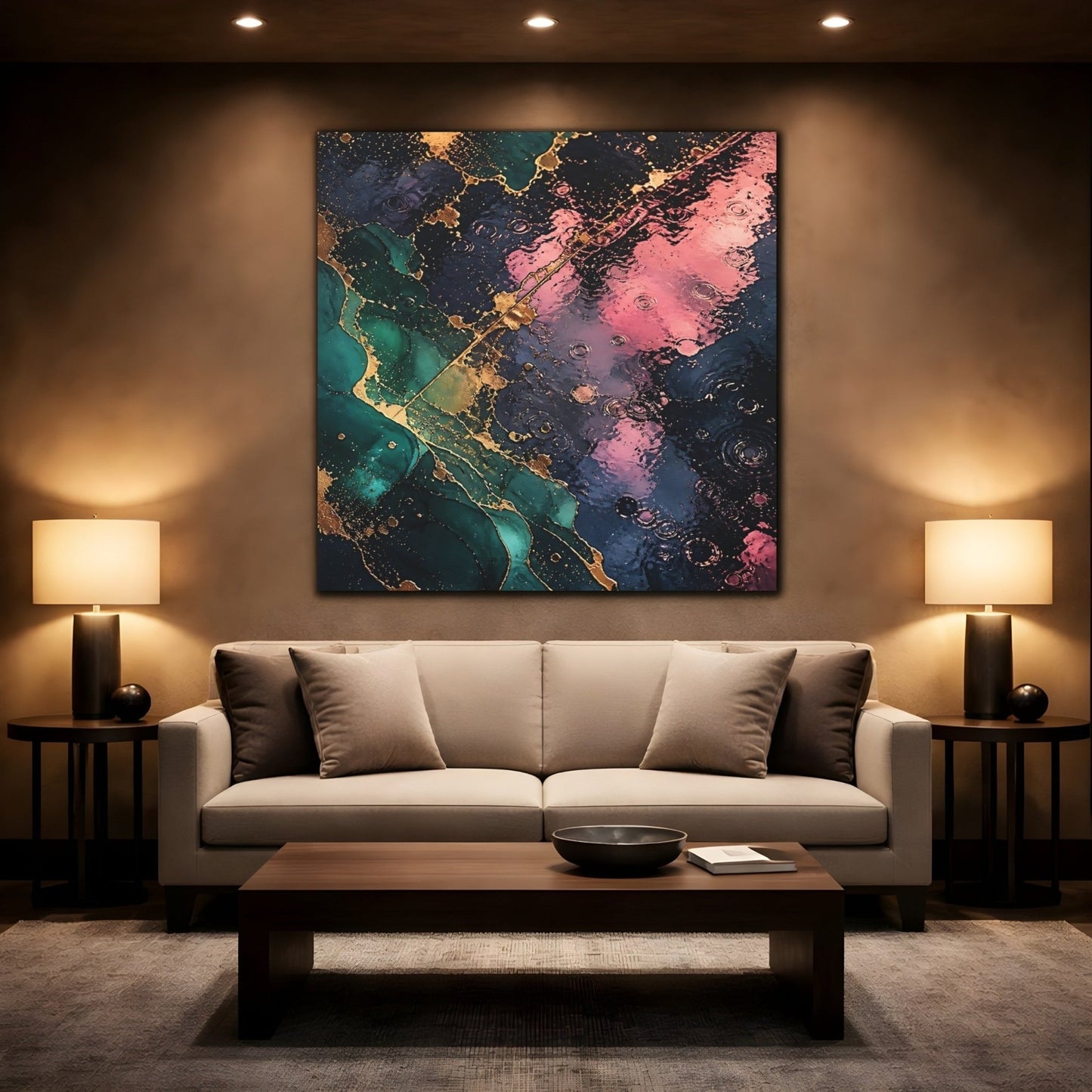 Abstract Fluid Teal Pink Gold Canvas Print – Living Room, Above Console Table - YesArtYes