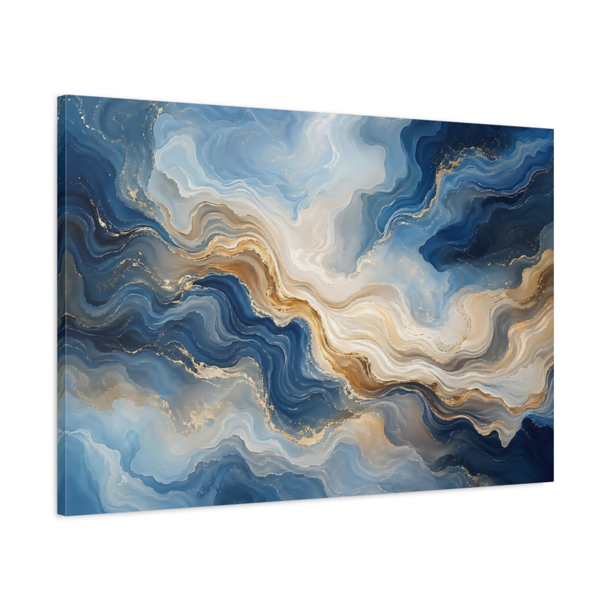 Main Mockup. Abstract Fluid Texture Blue Gold Abstract shown as stretched canvas wall art