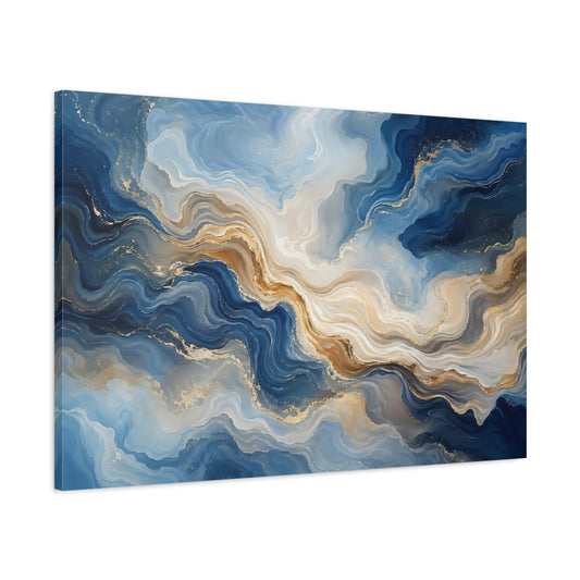 Main Mockup. Abstract Fluid Texture Blue Gold Abstract shown as stretched canvas wall art
