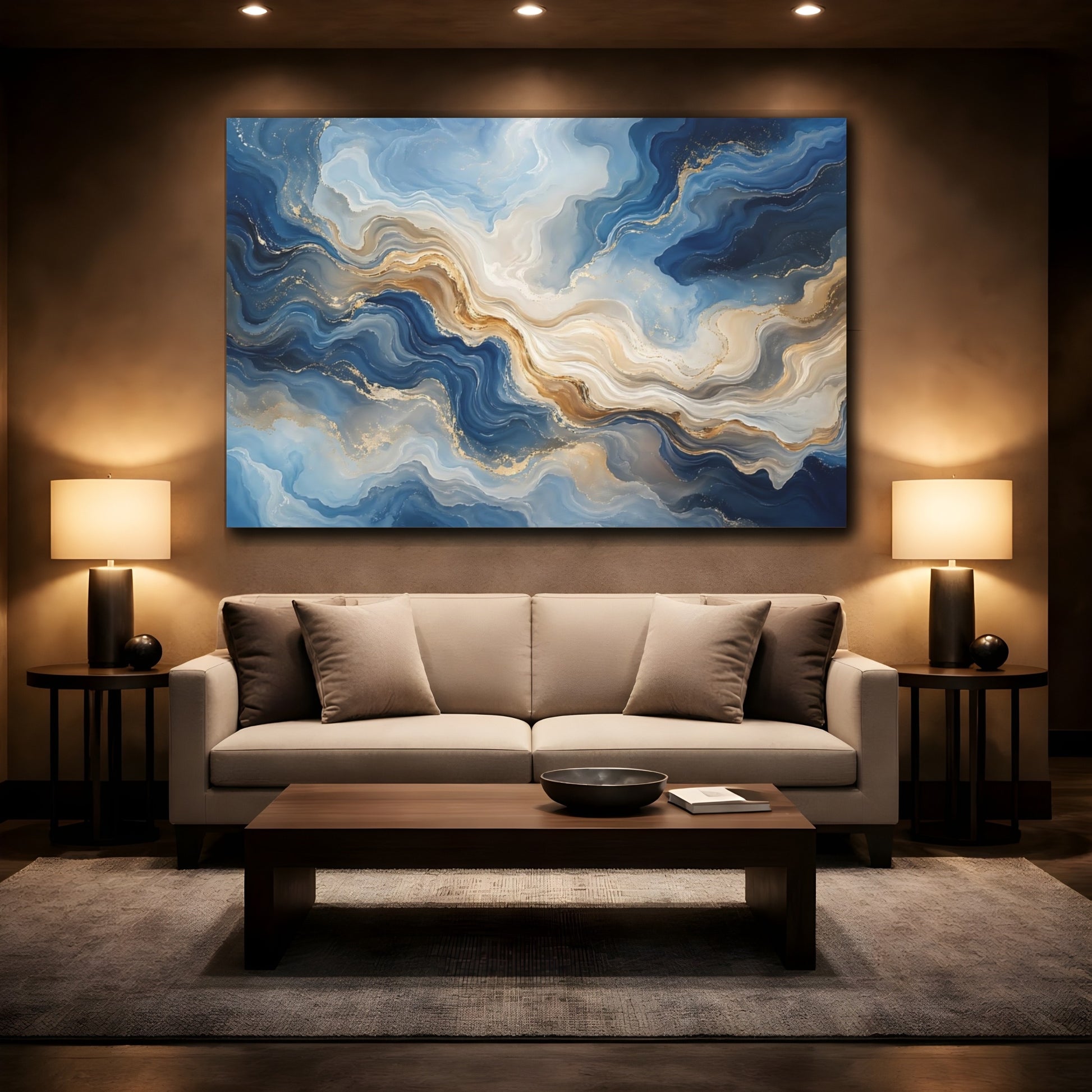 Mockup 2. Abstract Fluid Texture Blue Gold Abstract shown as stretched canvas wall art