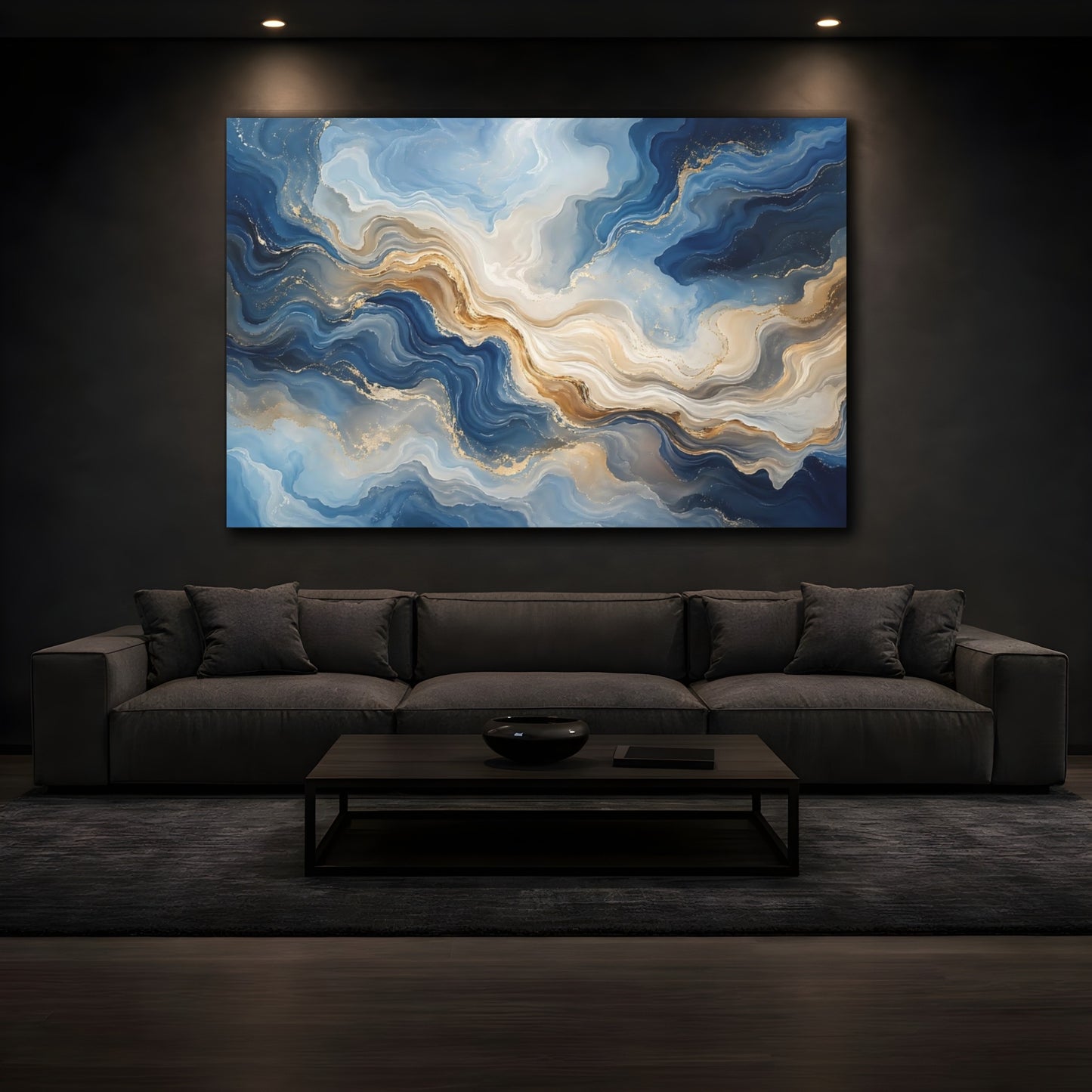Mockup 3. Abstract Fluid Texture Blue Gold Abstract shown as stretched canvas wall art