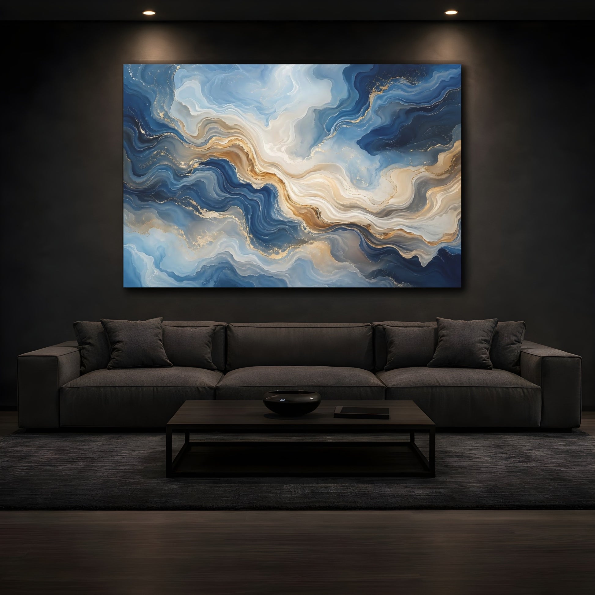 Mockup 3. Abstract Fluid Texture Blue Gold Abstract shown as stretched canvas wall art