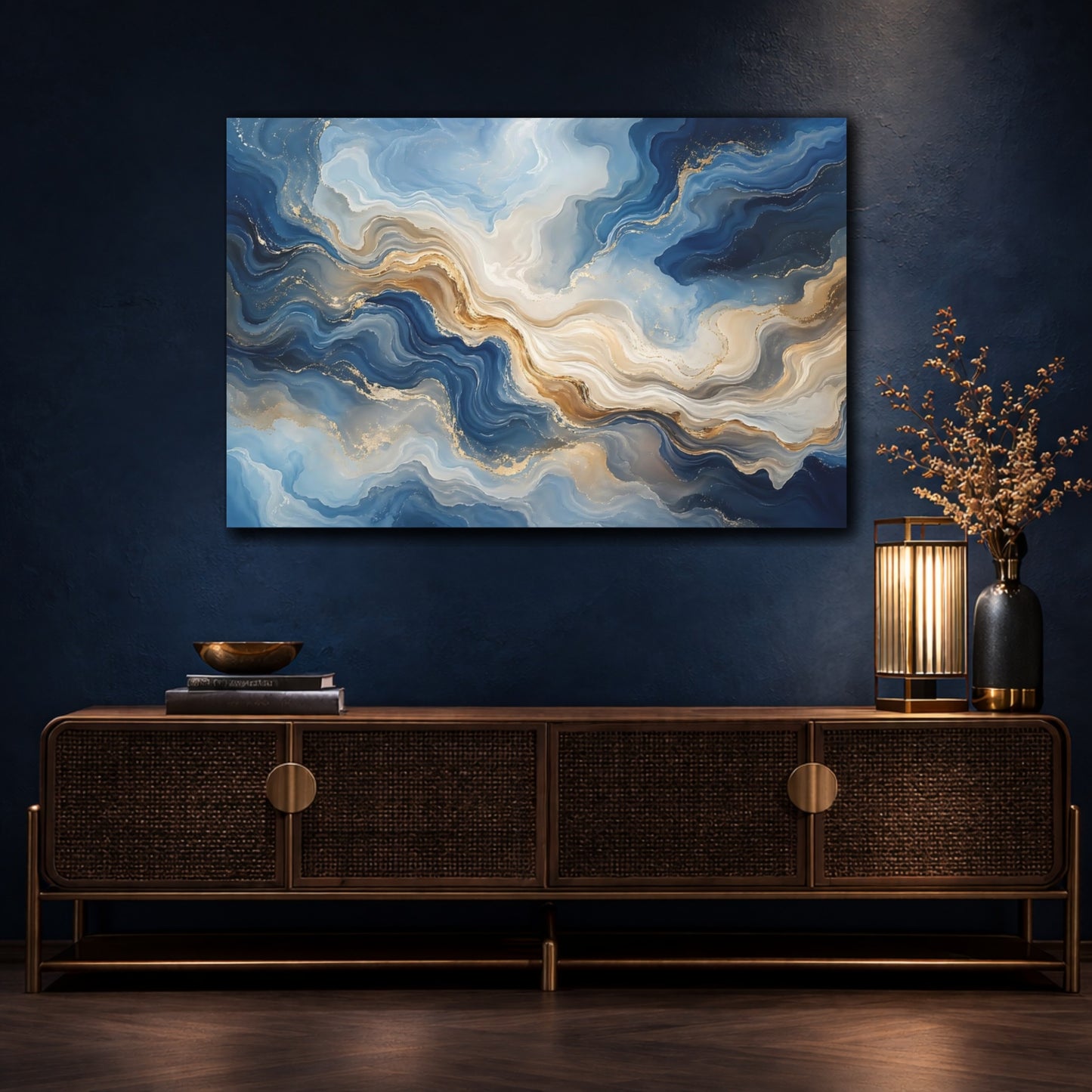 Mockup 4. Abstract Fluid Texture Blue Gold Abstract shown as stretched canvas wall art