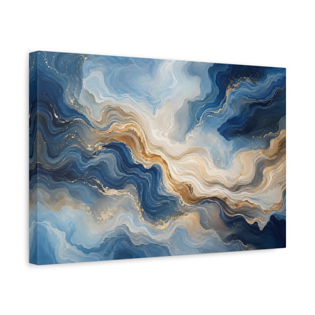Side Mockup 4. Abstract Fluid Texture Blue Gold Abstract shown as stretched canvas wall art