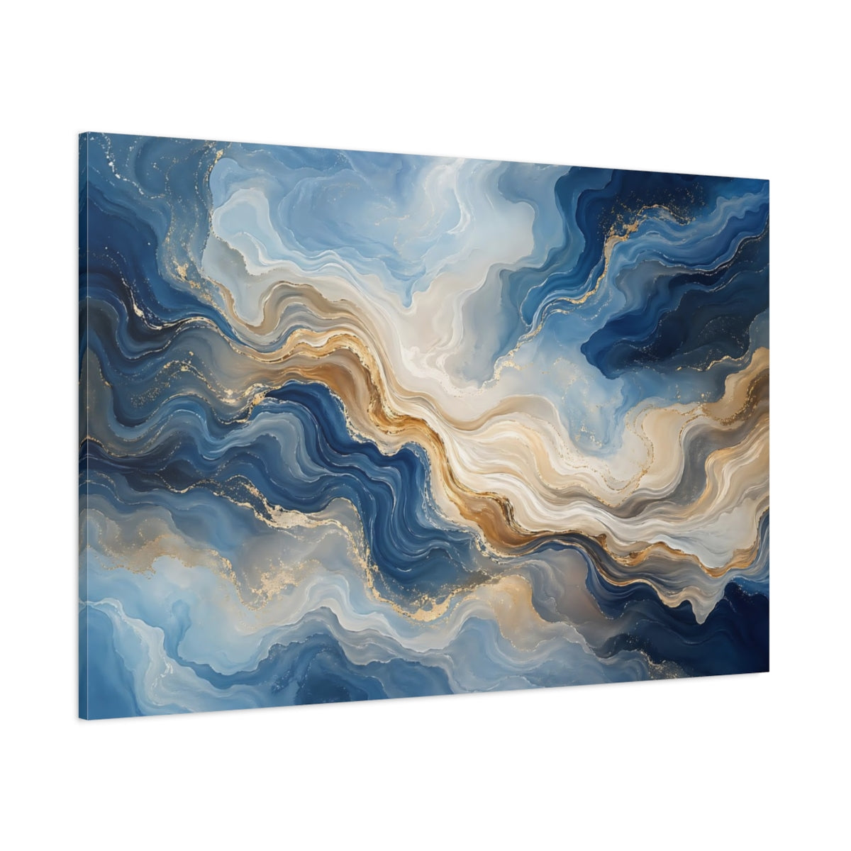 Side Mockup 1. Abstract Fluid Texture Blue Gold Abstract shown as stretched canvas wall art