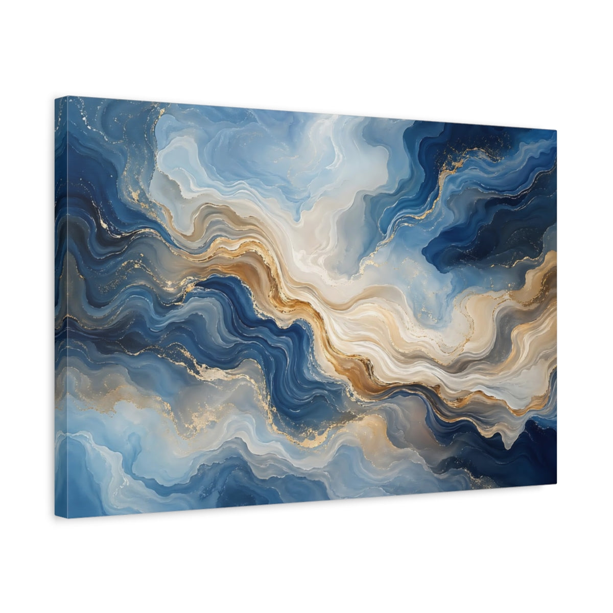 Side Mockup 3. Abstract Fluid Texture Blue Gold Abstract shown as stretched canvas wall art