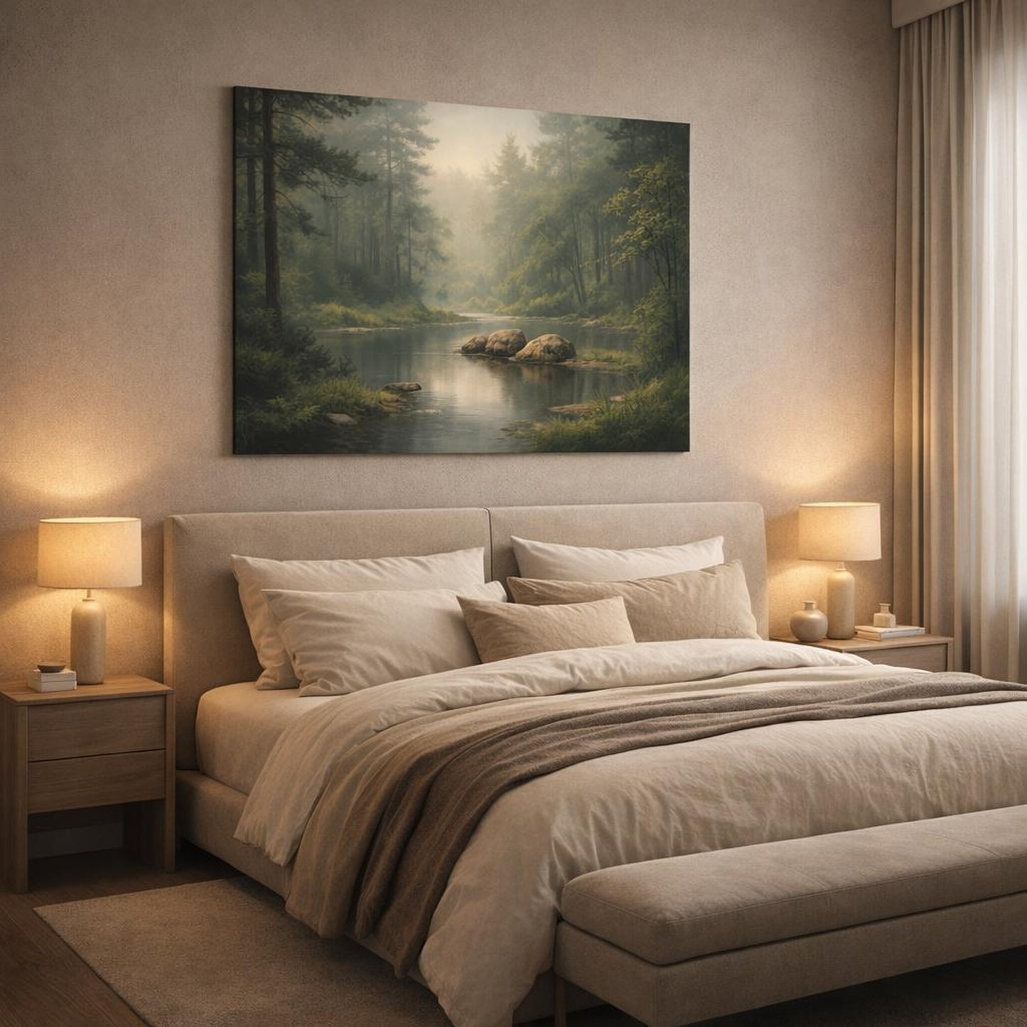 Abstract Forest Peaceful shown as canvas wall art in a luxury bedroom