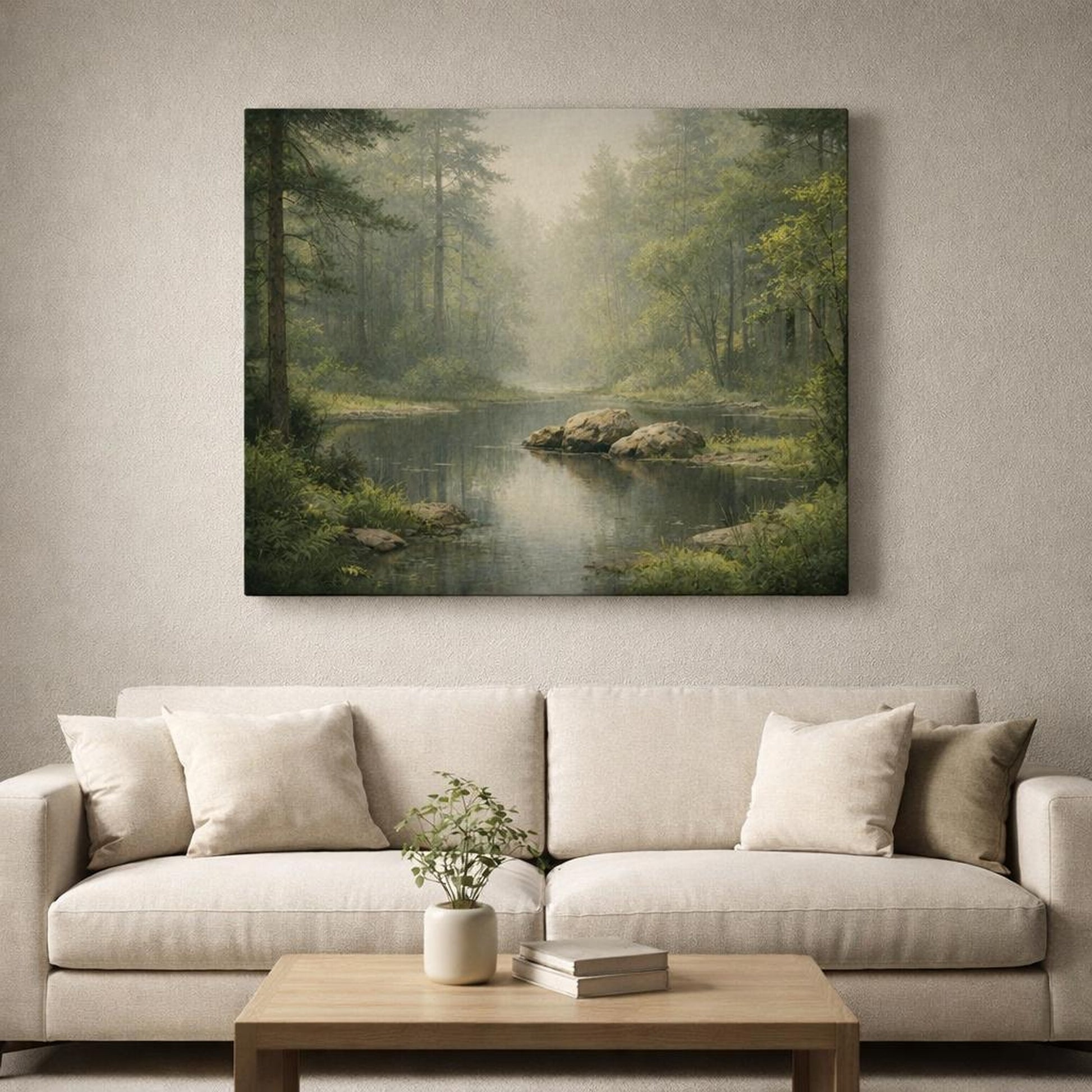 Abstract Forest Peaceful shown as canvas wall art in a luxury executive office
