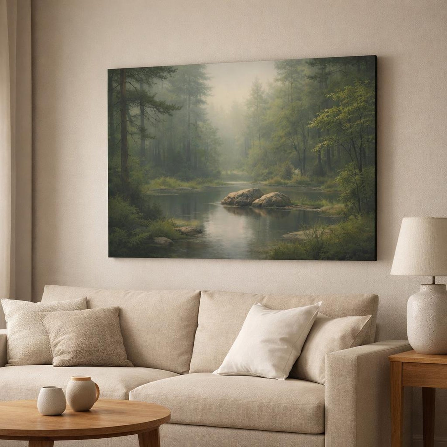 Abstract Forest Peaceful shown as canvas wall art in a modern living room