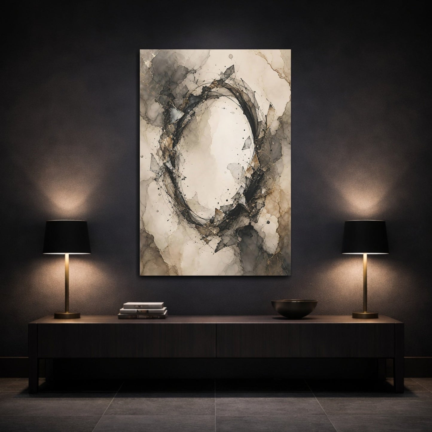 Abstract Form Black Gold Gray Canvas Print – Living Room, Above Sofa - YesArtYes