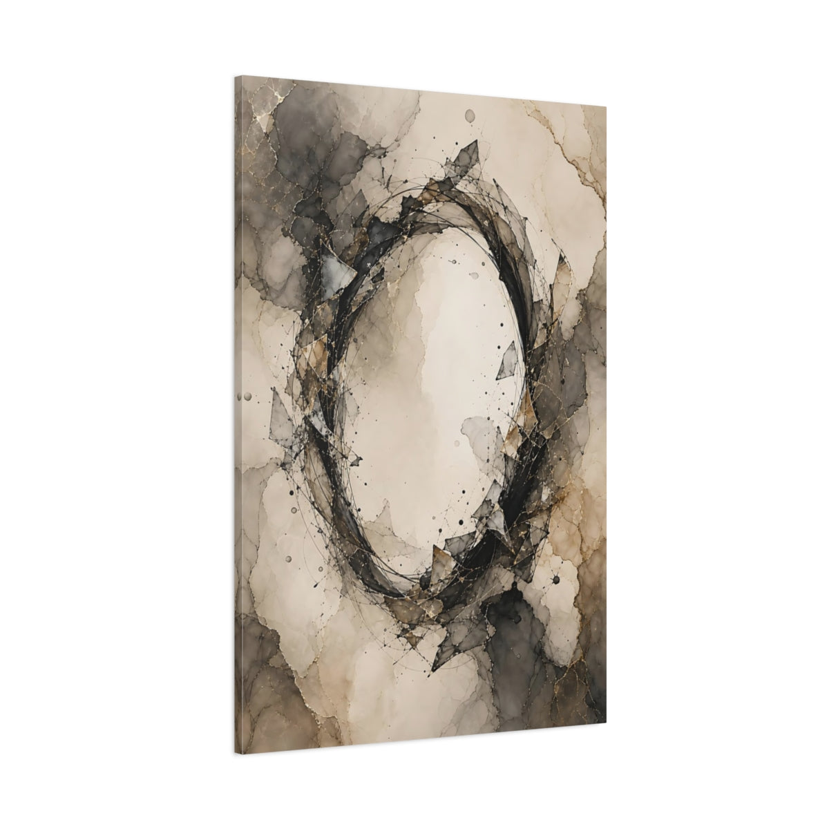Side Mockup 1. Abstract Abstract Form Black Gold Gray shown as stretched canvas wall art