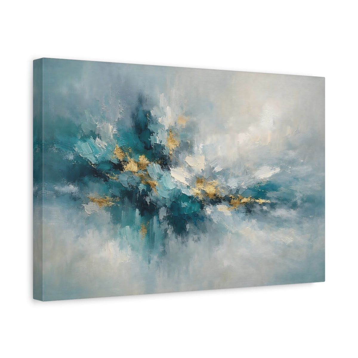 Side Mockup 4. Abstract Abstract Form Teal And Gold shown as stretched canvas wall art