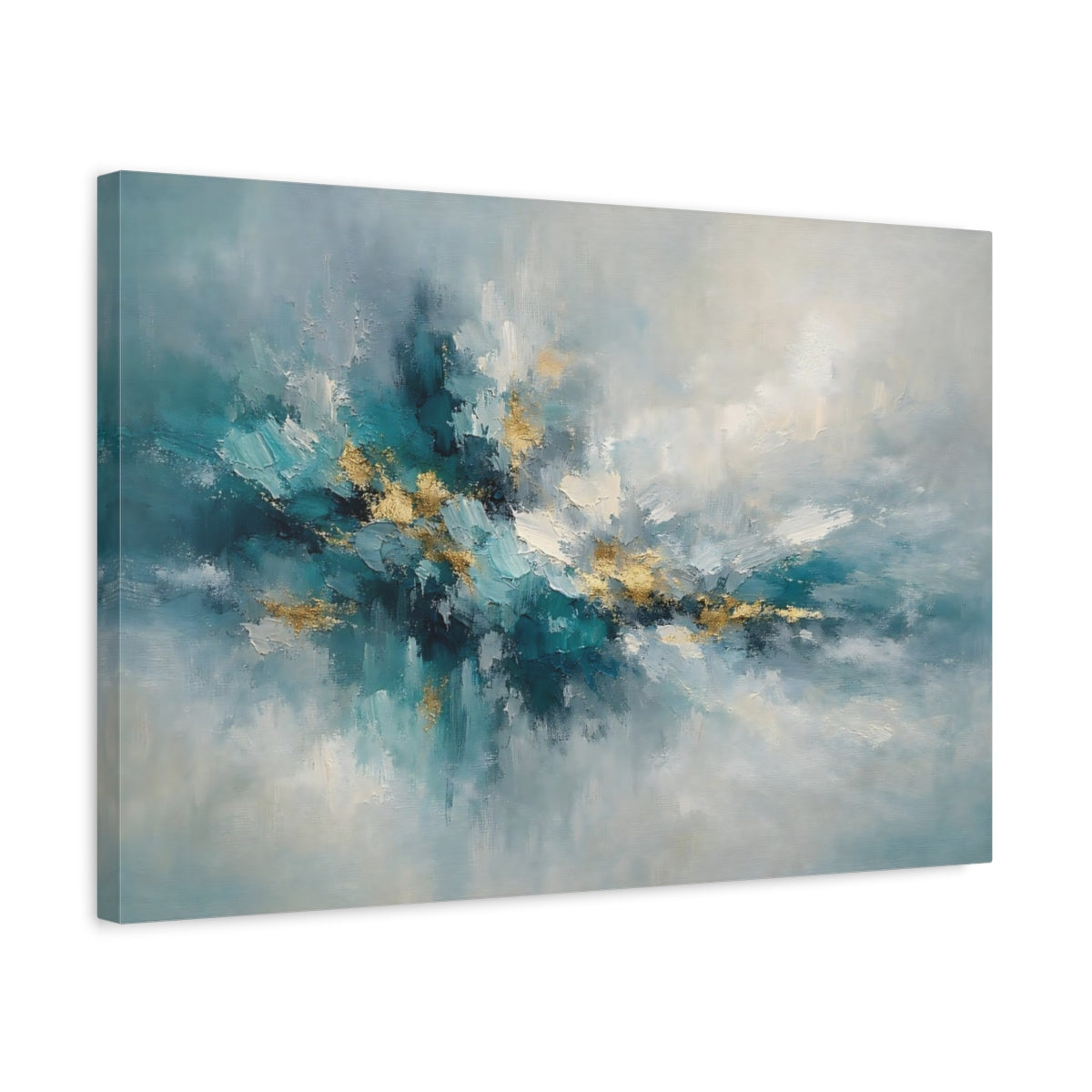 Side Mockup 3. Abstract Abstract Form Teal And Gold shown as stretched canvas wall art