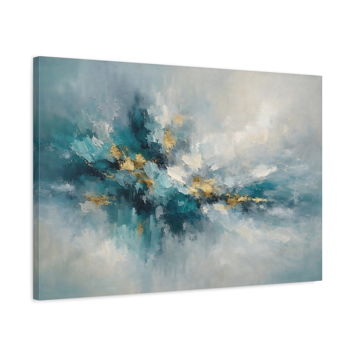 Side Mockup 2. Abstract Abstract Form Teal And Gold shown as stretched canvas wall art