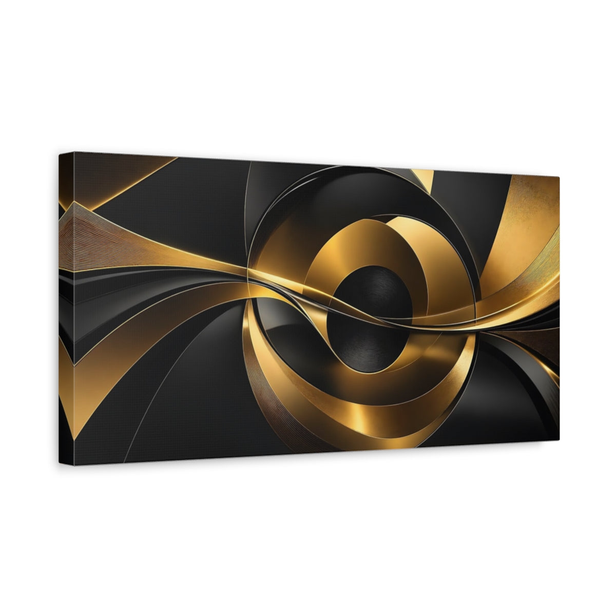 Side Mockup 3. Abstract Abstract Forms Black And Gold Abstract shown as stretched canvas wall art