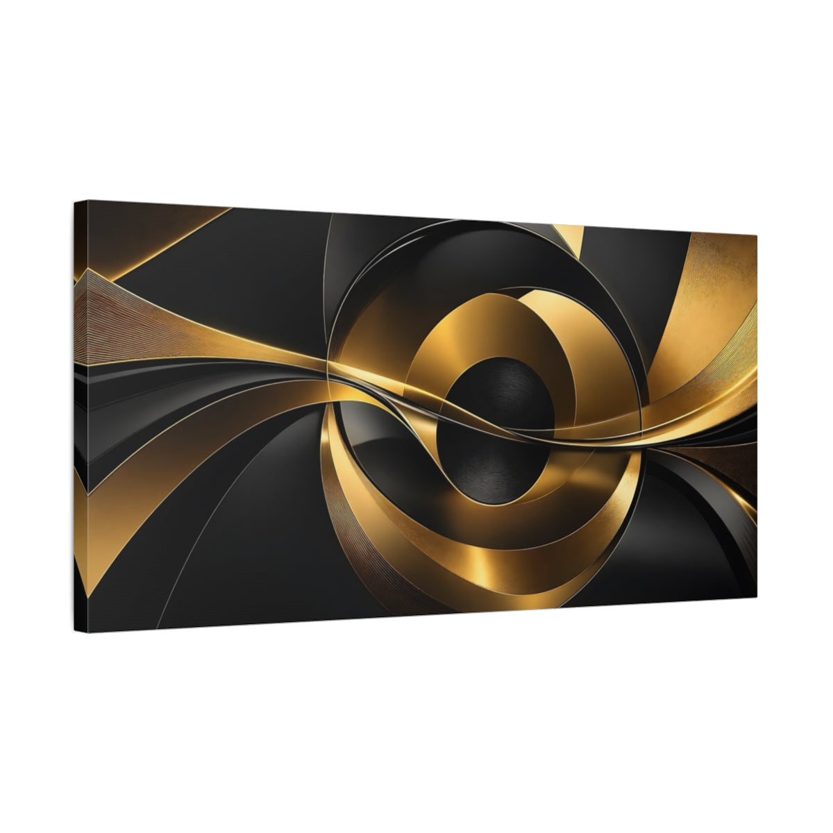 Side Mockup 1. Abstract Abstract Forms Black And Gold Abstract shown as stretched canvas wall art