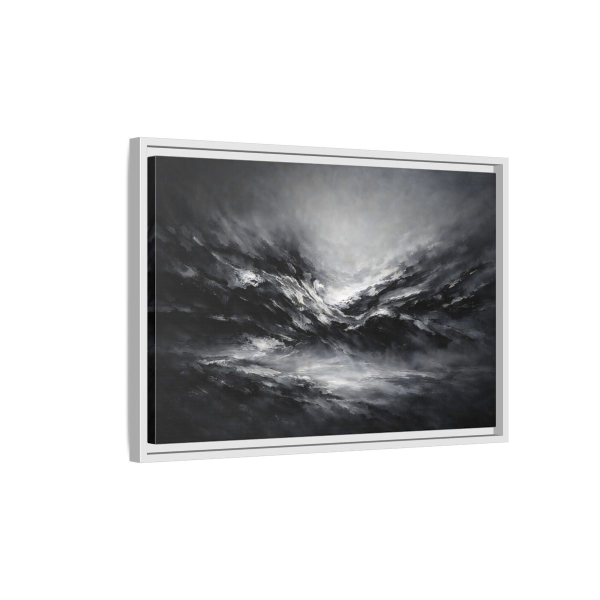 Side Mockup 1. Abstract Abstract Forms Black And White shown as stretched canvas wall art