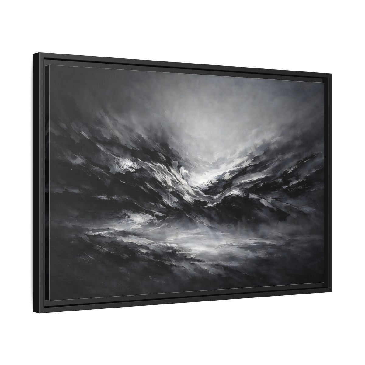 Side Mockup 14. Abstract Abstract Forms Black And White shown as stretched canvas wall art