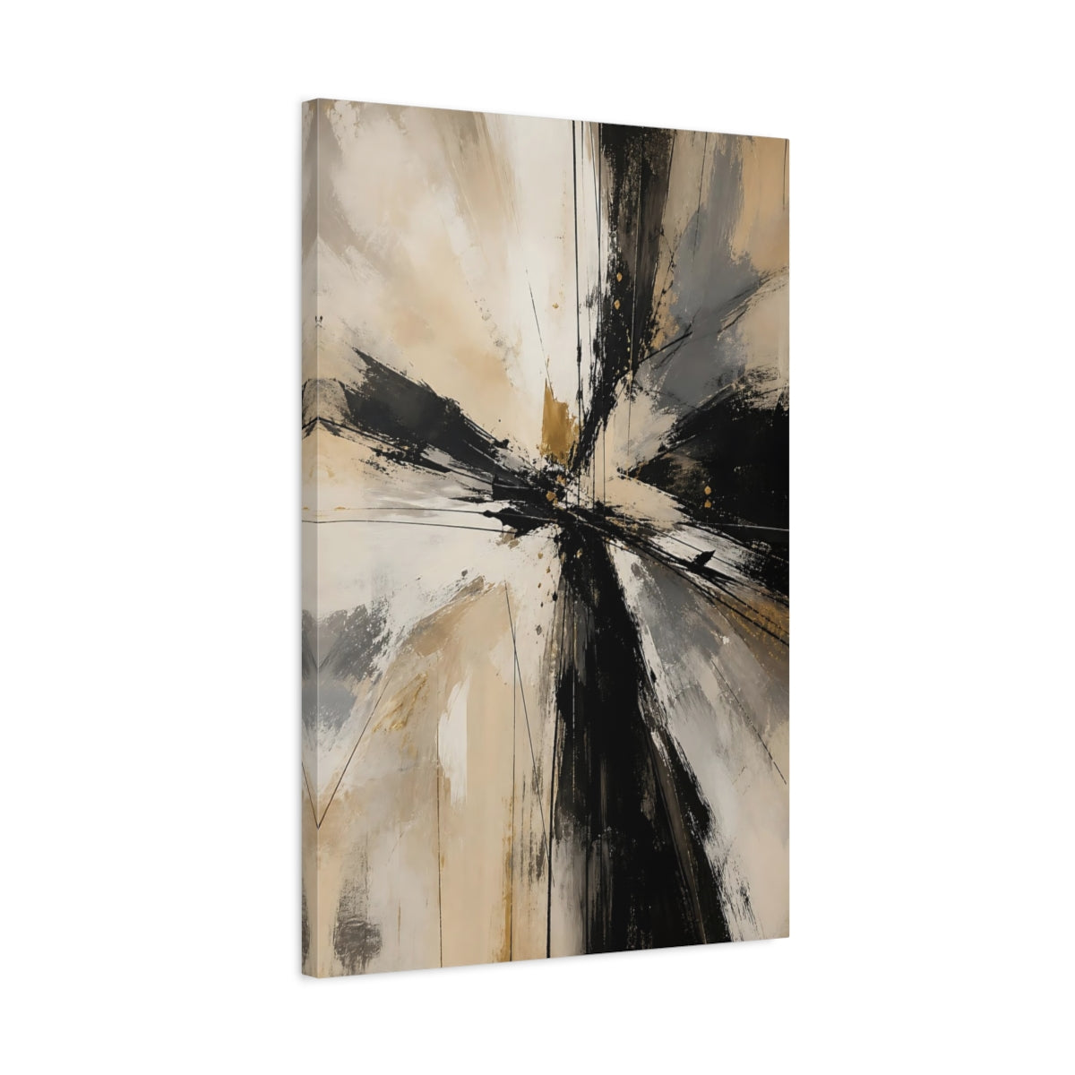 Side Mockup 2. Abstract Abstract Forms Black Gold Abstract shown as stretched canvas wall art