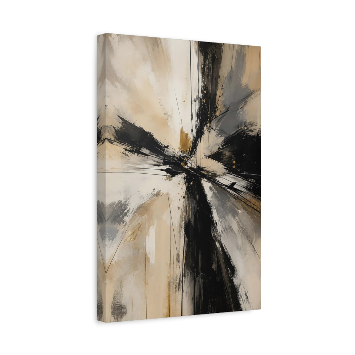 Side Mockup 4. Abstract Abstract Forms Black Gold Abstract shown as stretched canvas wall art