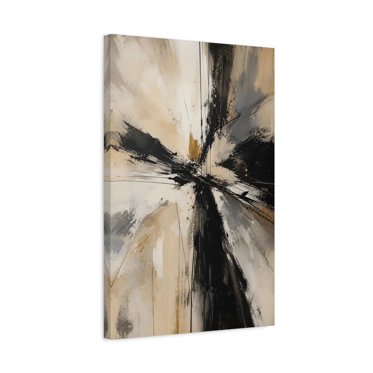 Side Mockup 3. Abstract Abstract Forms Black Gold Abstract shown as stretched canvas wall art