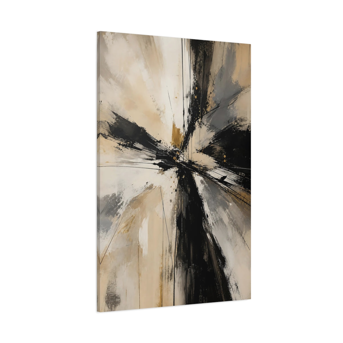 Side Mockup 1. Abstract Abstract Forms Black Gold Abstract shown as stretched canvas wall art