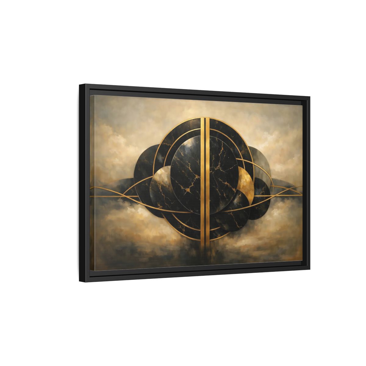 Side Mockup 3. Abstract Abstract Forms Black Gold Abstract shown as stretched canvas wall art