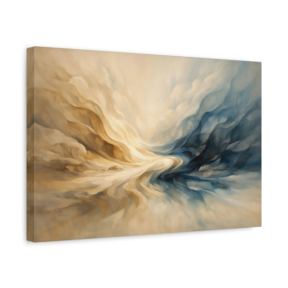 Side Mockup 4. Abstract Abstract Forms Blue And Beige shown as stretched canvas wall art